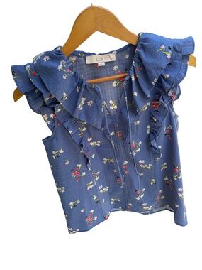 LOFT Petite Floral Ruffle Blouse | Blue Sleeveless Top | Size XS Petite 🌹
